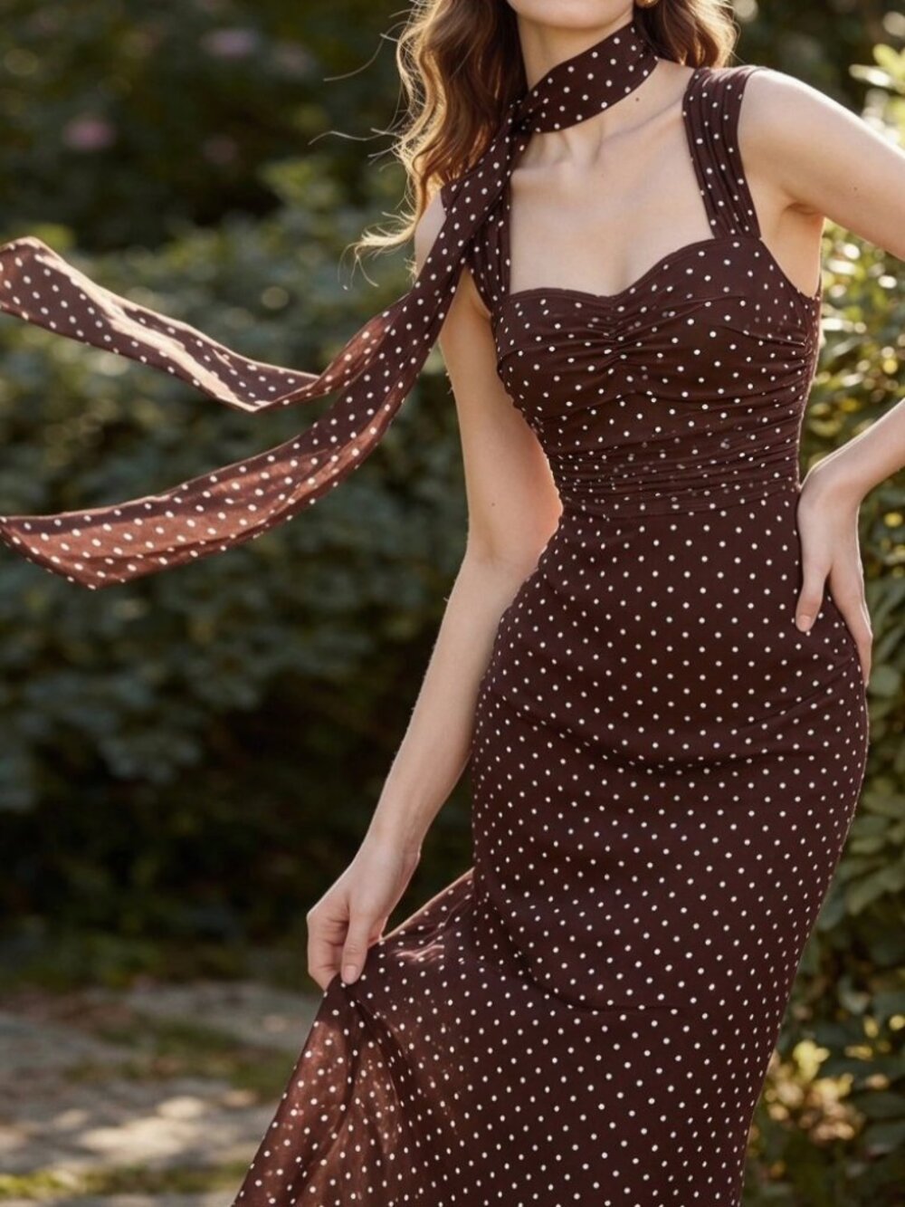 Brown Polka Dot Midi Dress with Attached Scarf Tie - Picture 3 of 7